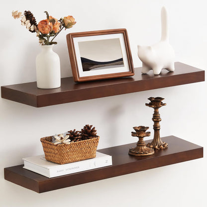 Floating Shelves 36 Inches Long - 8 Inch Deep Rustic Premium Solid Pine Wood for Storage - Farmhouse Wall Mounted for Living Room - Heavy-Duty Metal Bracket - 36" W x 8" D - Set of 2 - White Color