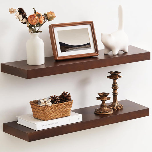 Floating Shelves 36 Inches Long - 8 Inch Deep Rustic Premium Solid Pine Wood for Storage - Farmhouse Wall Mounted for Living Room - Heavy-Duty Metal Bracket - 36" W x 8" D - Set of 2 - White Color