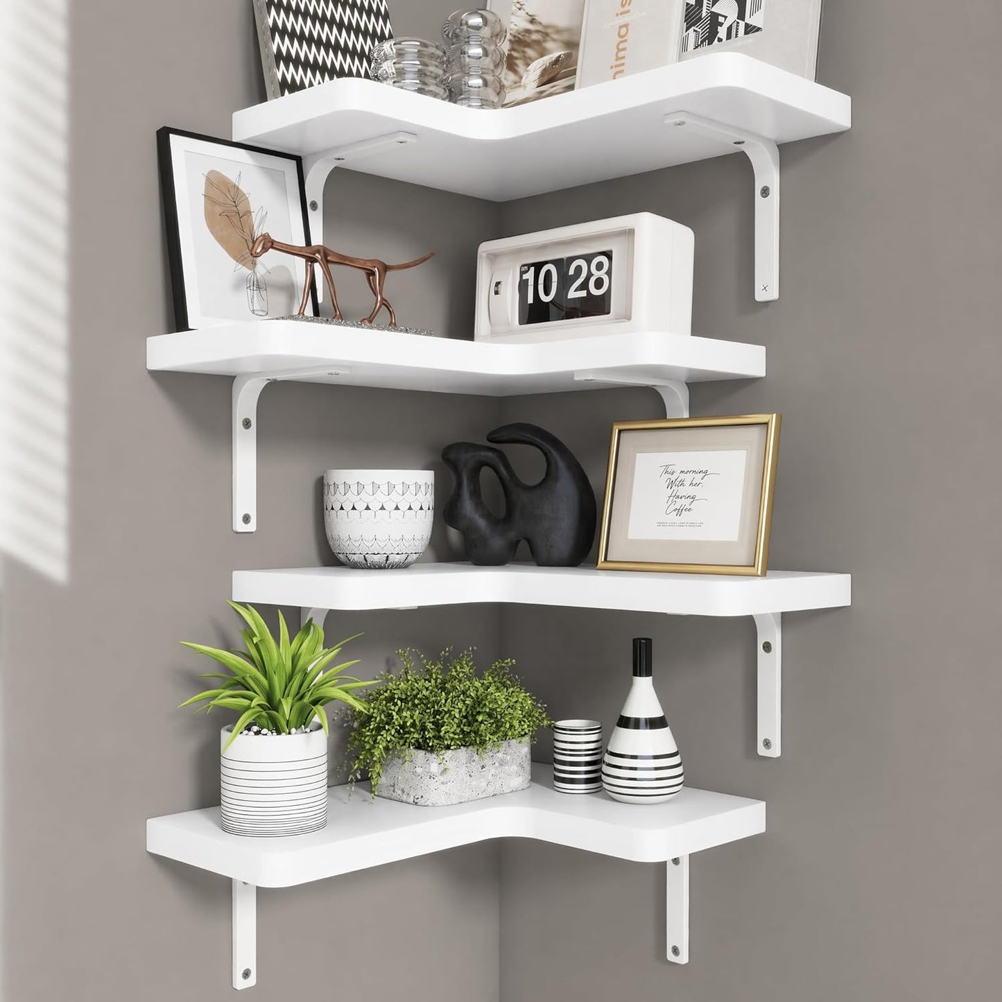Venusmiles Corner Floating Shelves Set of 4, Wall Mounted L-Shaped Storage - Maximize Unused Corner Space in Bathroom, Kitchen, Bedroom, Office, Dark Carbonized