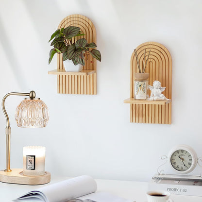 Mid Century Modern Candle Sconces: Set of 2 Walnut Boho Wall Candle Holder Decor for Living Room Fireplace - Arch Candle Shelf for Plants Pillars Candles