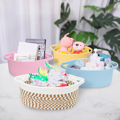 ABenkle Small Basket with Handles, Boho Decorative Rope Woven Dog Cat Toy Storage Bin Shelf Storage Organizer, Easter Christmas Gift Basket, 12"x8"x5", White