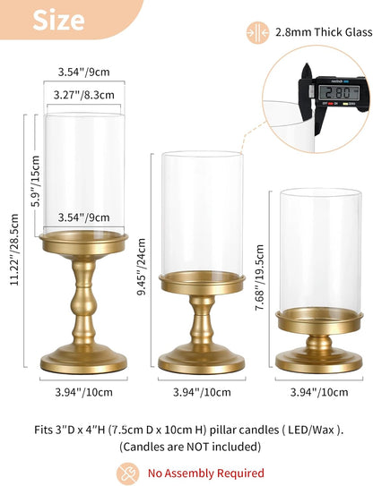 NUPTIO Hurricane Glass Candle Holders: Pillar Candle Stand with Open Ended Chimney - Set of 3 Gold Metal Candleholder for Fireplace Dining Table Centerpiece