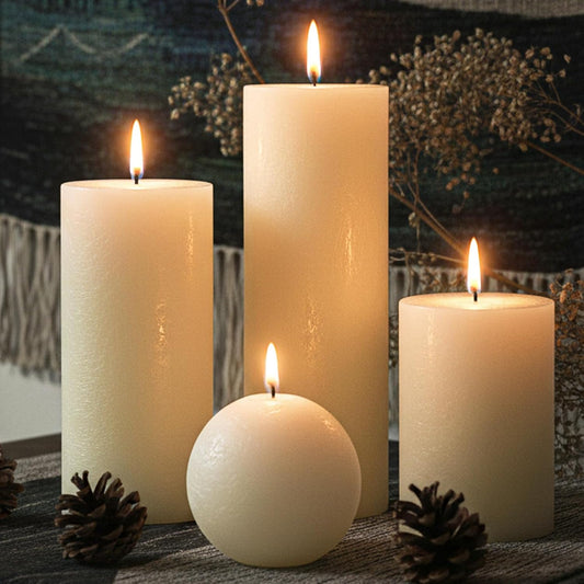 Ivory Rustic Textured Pillar Candles Set - 4 Pcs Assorted Sizes Unscented Pillar Candle, Decorative Farmhouse Candles for Home Centerpiece Decor, Holiday Dinner Table, Dripless & Smokeless