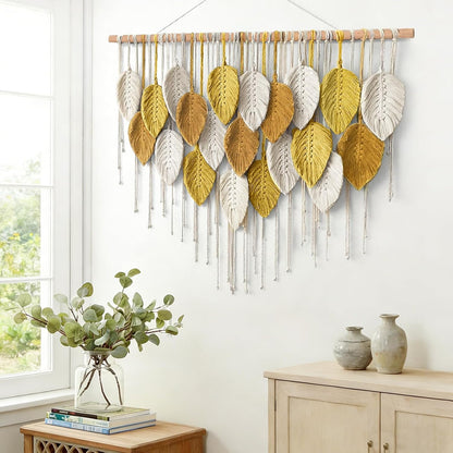 KHOYIME Large Macrame Wall Hanging Boho Woven Tapestry, Chic Home Decor Modern Bohemian Handmade Leaf Feather Wall Art Decorations for Apartment Dorm Living Room Bedroom Nursery Backdrop 39"W X 29.5"L