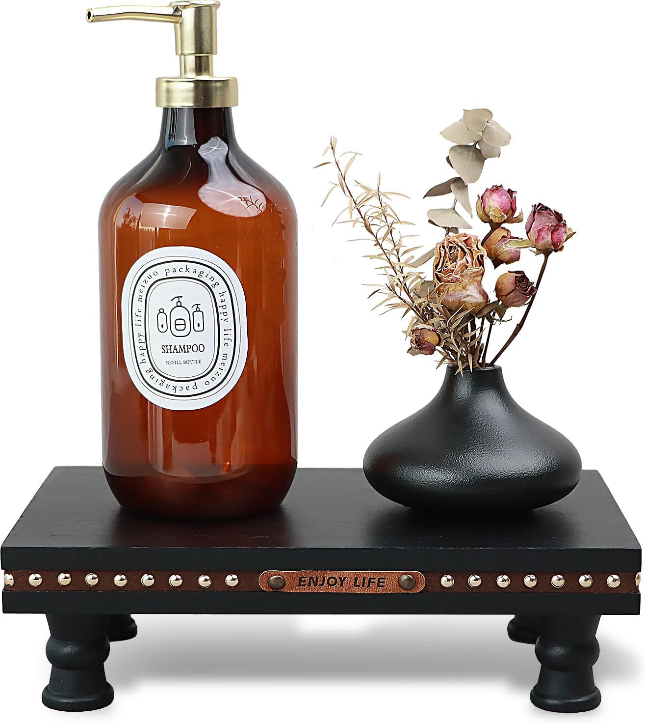 Wood Tray Pedestal Stand, Waterproof Bathroom Counter Organizer, Modern Farmhouse Riser for Soap/Candle/Sponge White Small