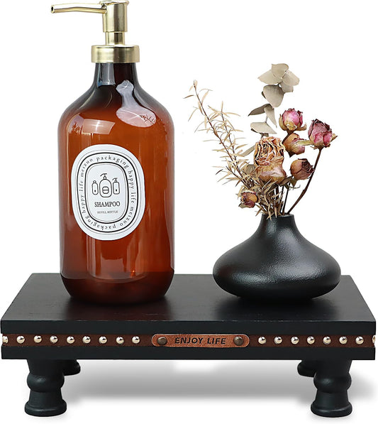 Wood Tray Pedestal Stand, Waterproof Bathroom Counter Organizer, Modern Farmhouse Riser for Soap/Candle/Sponge White Small
