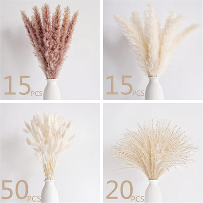 65PCS Pampas Grass Decor, Including pompas Floral, Reed Dried Grass and Bunny Tails Dried Flowers, Natural Dried Pampas Grass Bouquet for Boho Decor Wedding, Home Decoration