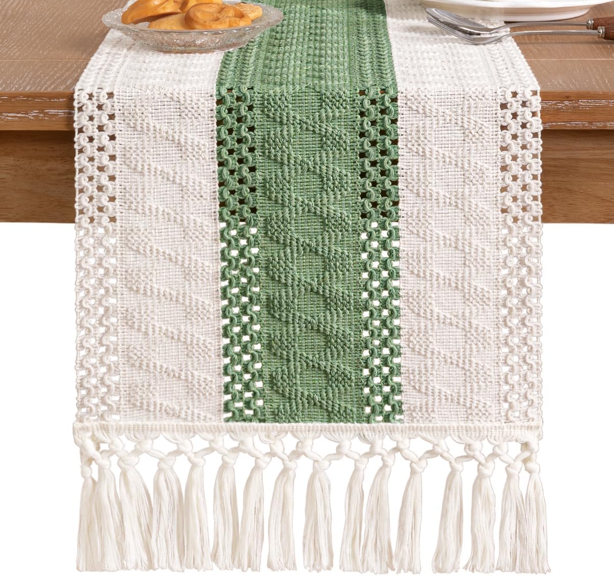 Socomi Boho Table Runner Summer Farmhouse Rustic Dining Kitchen Centerpiece Decor Small Macrame Woven Cotton Linen Coffee Table Runner for Dresser Scarf Home Decor 12x36 inch Beige