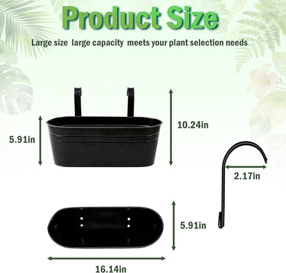 Metal Railing Planter Boxes 16 Inch, 3-Pack Adjustable Hanging Flower Pots for Balcony, Deck, Porch & Fence, Detachable Hook Design, Black Heavy Duty Planters for Outdoor