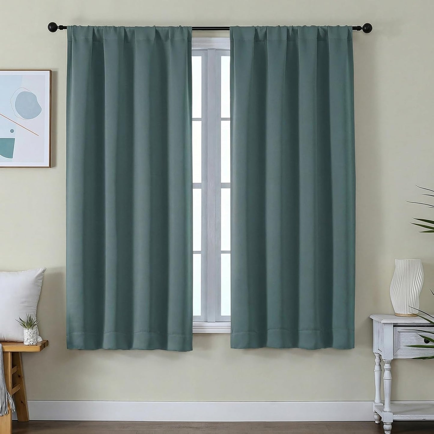 Simplebrand Ava Sage Green Blackout Curtains for Bedroom 63 Inch Length 2 Panels Set, Solid Thermal Insulated Energy Saving Rod Pocket Window Treatment Curtains Blackout Drapes, W40 x L63 Inch, Sage - Colors B