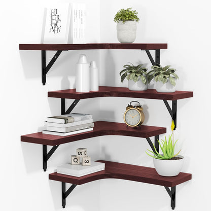ROMGUAR CRAFT Corner Floating Shelves Wall Mounted Set of 4, Rustic Wood Storage Display Shelves for Home Decor, Bathroom, Kitchen, Bedroom, Living Room, Office (Black)