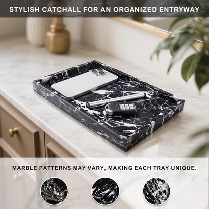 Marble Bathroom Tray for Countertop & Home Decor, Natural Decorative Marble Tray for Jewelry & Perfume Organizer, Luxury Stone Vanity Trays for Dresser, Kitchen Counter, 12" x 8", Gray Black