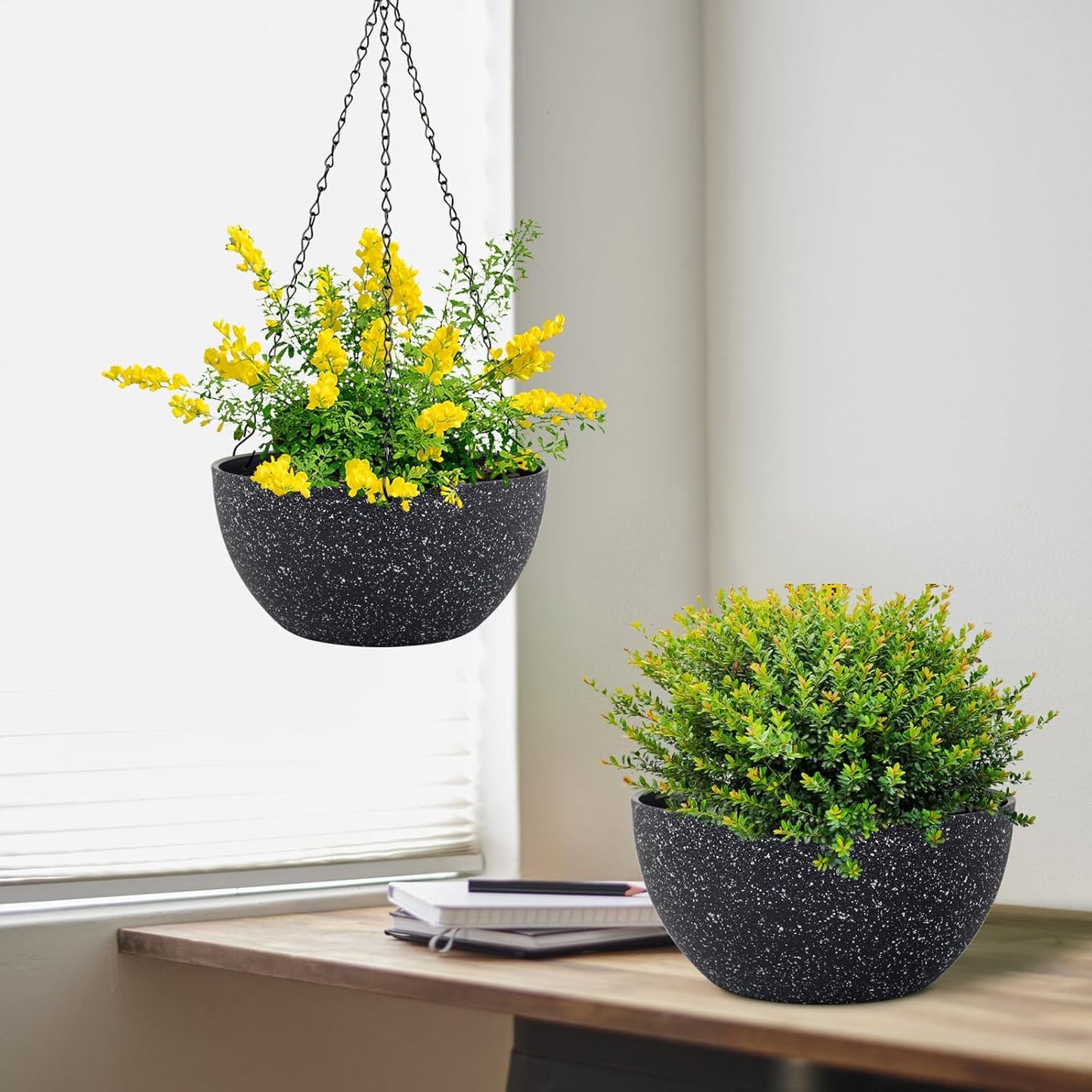 Meowell 10 inch Hanging Planters for Indoor Outdoor Plants, 2 Pack Hanging Flower Pots with Drainage Holes and Chain for Garden Porch, Plastic Hanging Baskets for House Plants, Speckled Grey