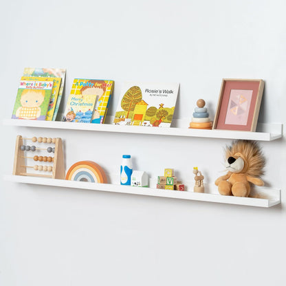 FLYJOE Picture Ledge Shelf, Floating Shelves Set of 2, Solid Pine Wood 55'' Long Large Nursery Book Shelves for Toys Storage, Kids Bookshelf for Living Room Bedroom Decor Books Photo Frames, Walnut