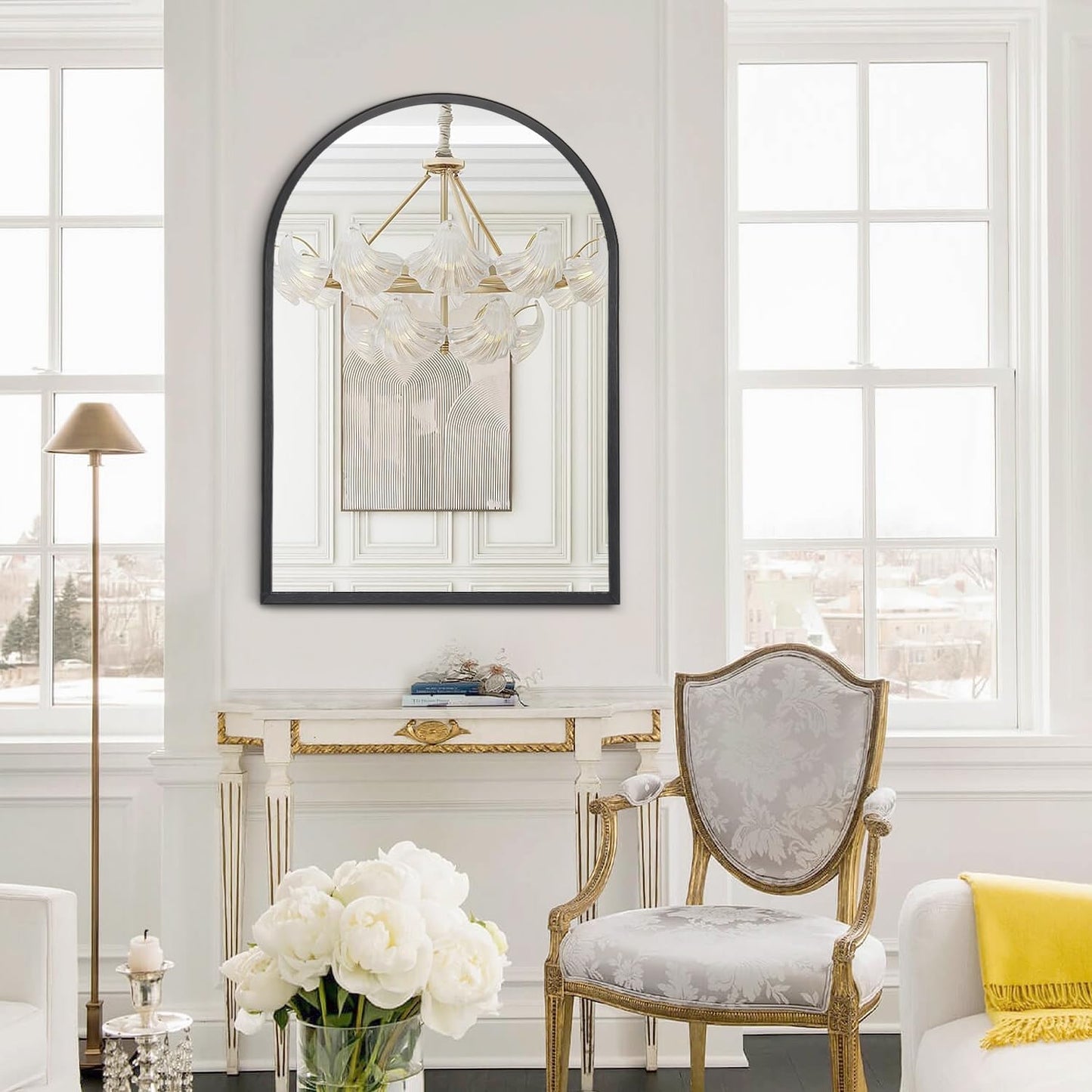 Black Arched Mirror, Modern Bathroom Wall Mirror Aluminum Alloy Framed Mirror Brushed Metal Vanity Wall Mounted Mirror for Livingroom Bedroom Entryway Room 16"x12"