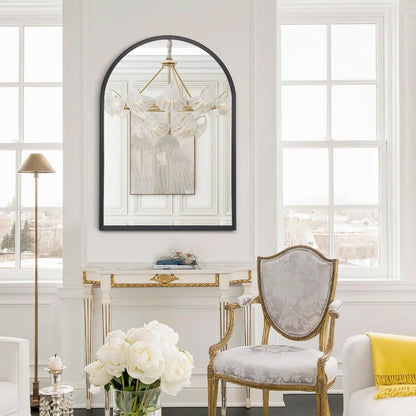 Black Arched Mirror, Modern Bathroom Wall Mirror Aluminum Alloy Framed Mirror Brushed Metal Vanity Wall Mounted Mirror for Livingroom Bedroom Entryway Room 16"x12"