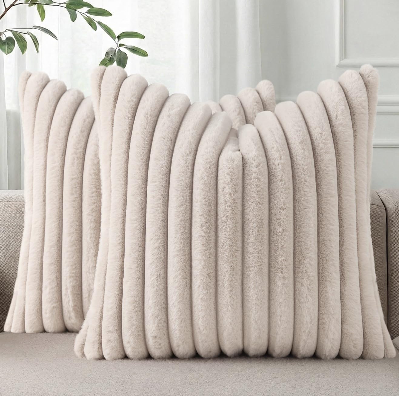 Pallene Faux Fur Plush Throw Pillow Covers 18x18 Set of 2, Luxury Soft Fluffy Striped Decorative Pillow Covers for Sofa, Couch, Living Room, Cream White