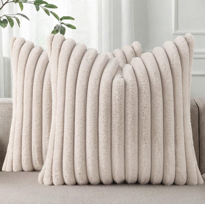 Pallene Faux Fur Plush Throw Pillow Covers 18x18 Set of 2, Luxury Soft Fluffy Striped Decorative Pillow Covers for Sofa, Couch, Living Room, Cream White