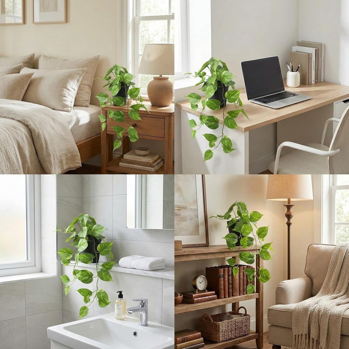 Artificial Pothos Hanging Plants 2 Pack with Pots, Realistic Fake Hanging Plants Indoor, Faux Greenery Vines for Shelf, Bathroom, Living Room, Office Decor