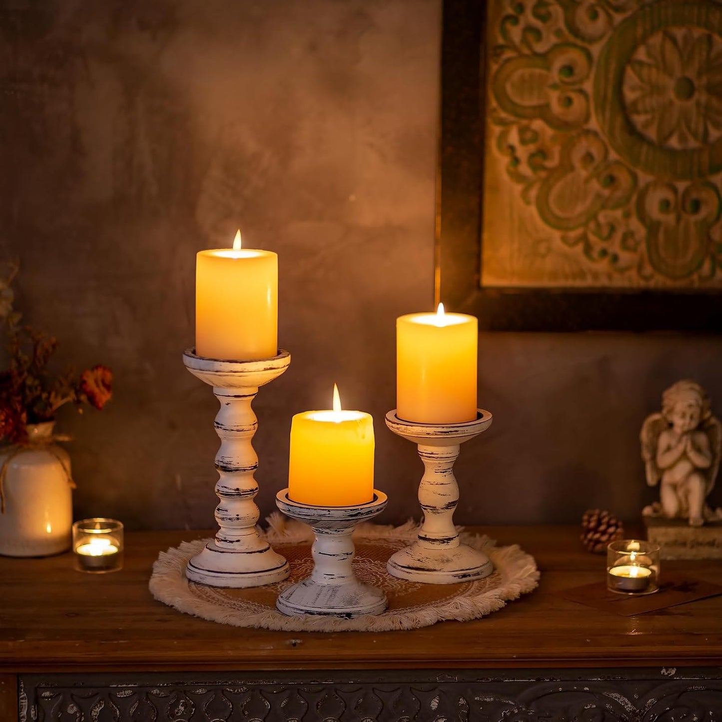 Candeldo Wood Candle Holders for Pillar: Rustic Candles Holder Set of 3 Tall Table Centerpiece Shabby Chic Decor Wooden White Farmhouse Decorations for Fireplace Mantle