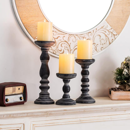 Wood Pillar Candle Holder: 3Pcs Rustic White Candle Holders for Pillar Candles Wood Candle Holders Distressed Wooden Farmhouse Candle Holder Large Rustic Candle Holder for Fireplace Table