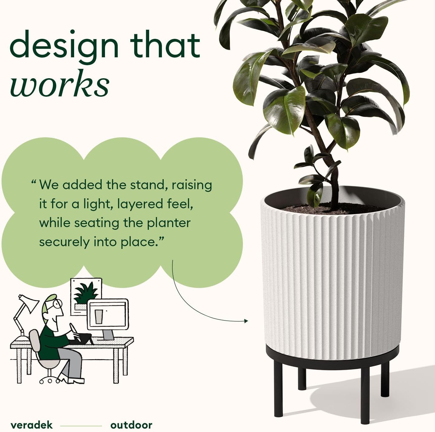 Veradek Demi Series Round Planter w/ Stand for Porch/Patio | Durable Plastic-Concrete & Wooden Stand | Modern Décor for Tall Plants, Flowers
