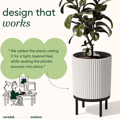 Veradek Demi Series Round Planter w/ Stand for Porch/Patio | Durable Plastic-Concrete & Wooden Stand | Modern Décor for Tall Plants, Flowers