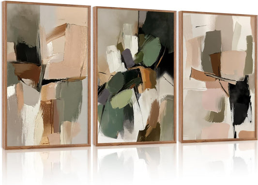 CHDITB Modern Abstract Framed Canvas Wall Art Set, Minimalist Wall Decor, Neutral Pastel Illustration Artwork Vintage Aesthetics Painting, Large 3 Piece Art Prints for Living Room, Bedroom 24"x36"x3 - Colors A