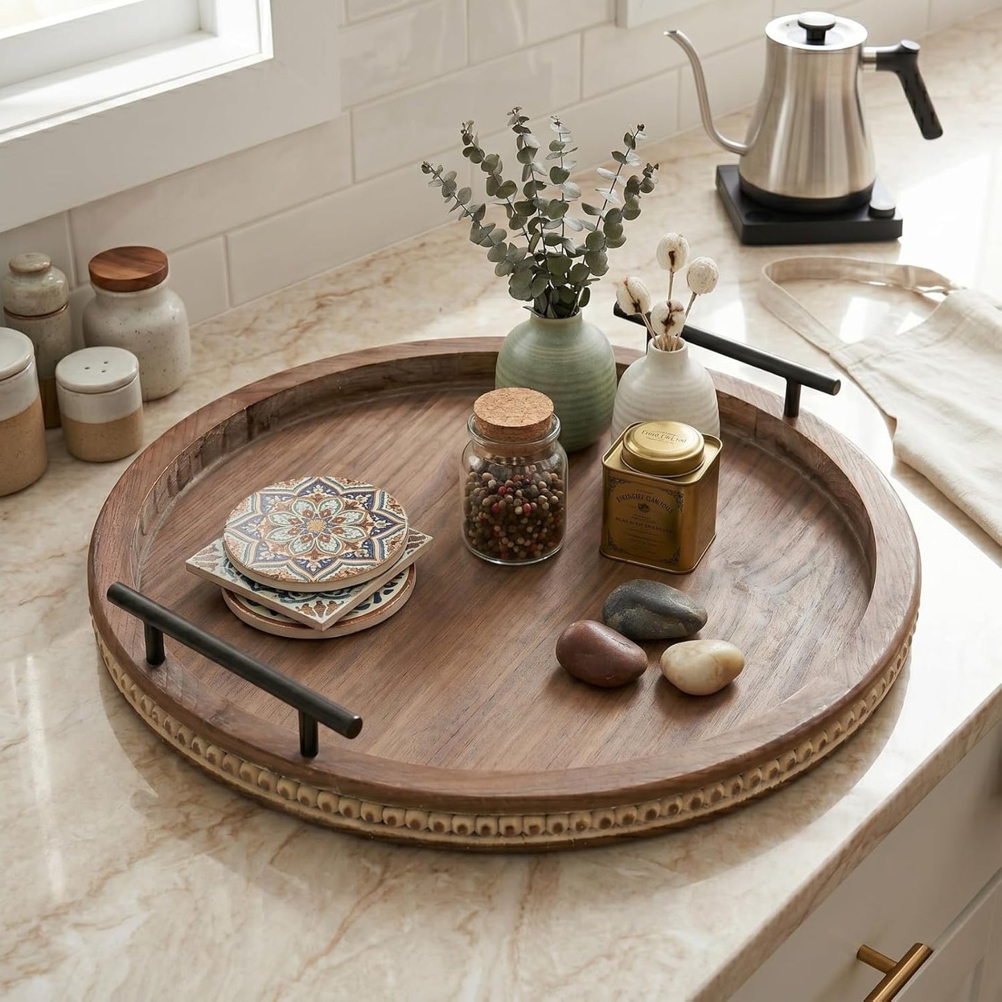 16 Inch Coffee Table Tray for Living Room, Beaded Round Wood Decorative Tray with Handles, Farmhouse Circle Trays for Kitchen Island Decor, Rustic Coffee Table Centerpiece Decor