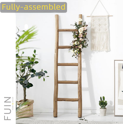 FUIN 57in Wood Blanket Ladder Living Room Decorative Wall Leaning Farmhouse Quilt Display Holder Rustic Wooden Towel Rack for Bathroom, Brown