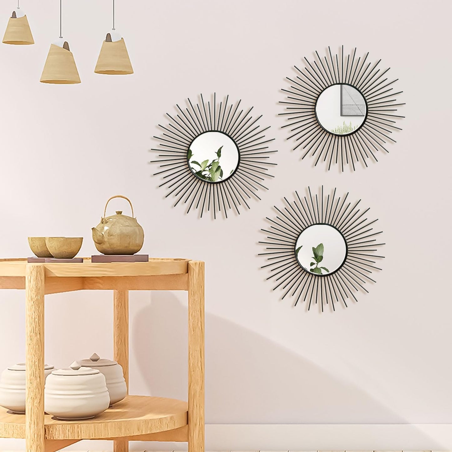 3 Pack Metal Mirrors for Wall Sunburst Wall Mirrors Home Décor Decorative Hanging Wall Art for Living Room Bedroom Entryway (Gold, Flower+Sunburst)