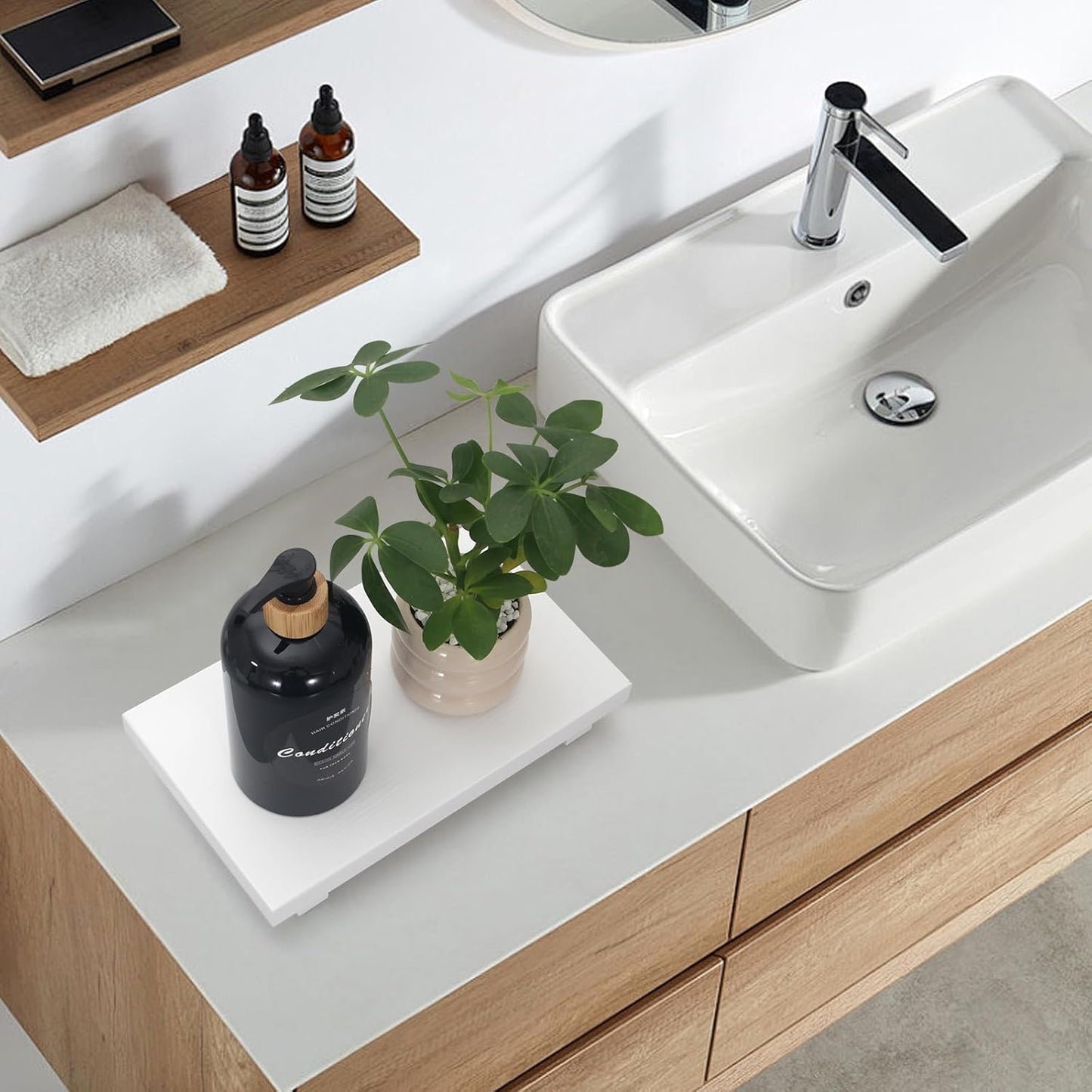 Black Bathroom Vanity Organizer Tray for Countertop Small Wooden Pedestal Stand Farmhouse Kitchen Sink Tray Decorative Hand Soap Dish Dispenser Holder Wood Risers Modern Bathroom Decor Accessories