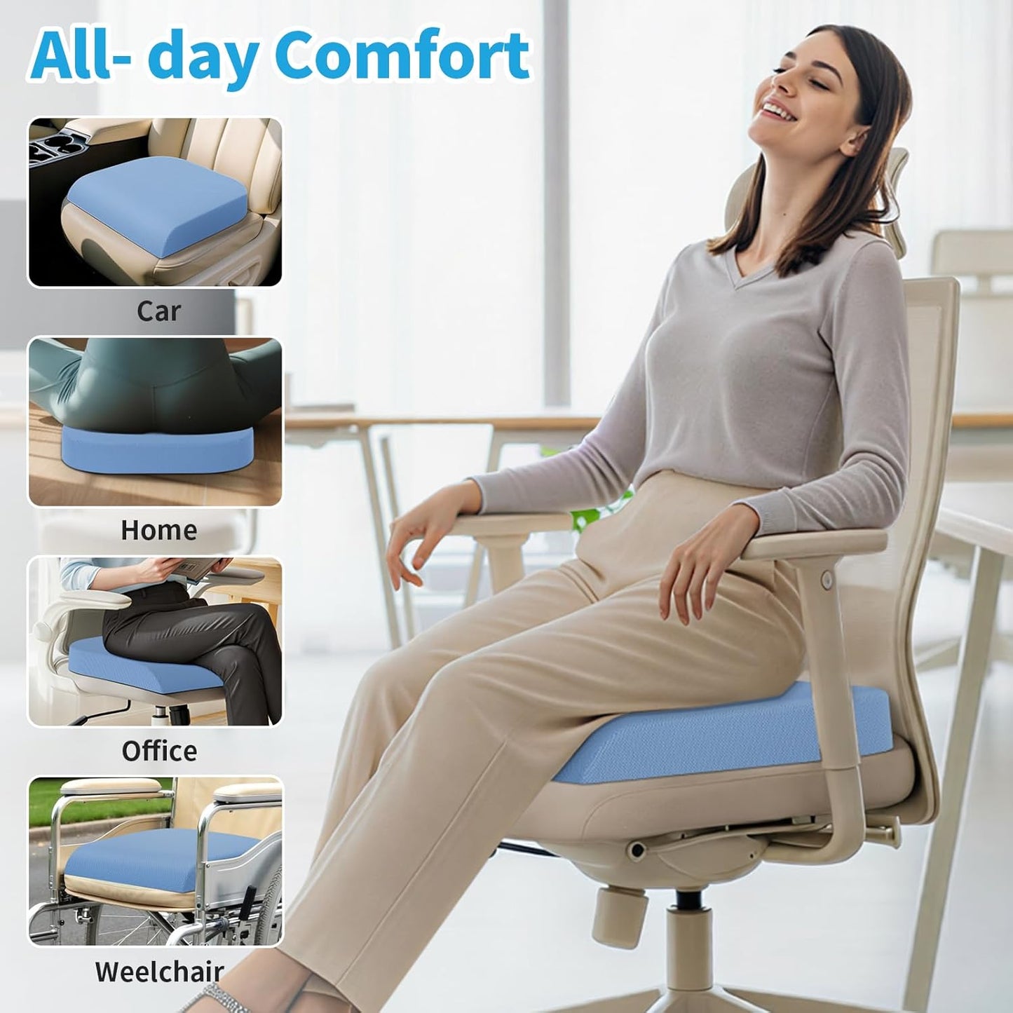 TranquilRelax Large Seat Cushion, Memory Foam Cushion for Long Sitting Hours on Office Chair, Car Seat, Non-Slip Chair Pad for Sciatica, Coccyx, Tailbone Pain Relief & Post-Surgery Recovery (Black)