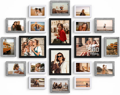 Vittanly 20 Pack Picture Frames Collage Wall Decor, Multi Sizes Including 4pcs 8x10, 8pcs 5x7 and 8pcs 4x6 Photo Frames, Gallery Frame Set for Wall or Tabletop Display, Black, Brown and Dark Grey