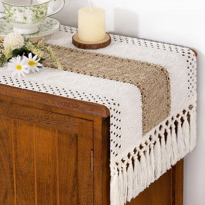 Socomi Boho Table Runner Summer Farmhouse Rustic Dining Kitchen Centerpiece Decor Small Macrame Woven Cotton Linen Coffee Table Runner for Dresser Scarf Home Decor 12x36 inch Beige