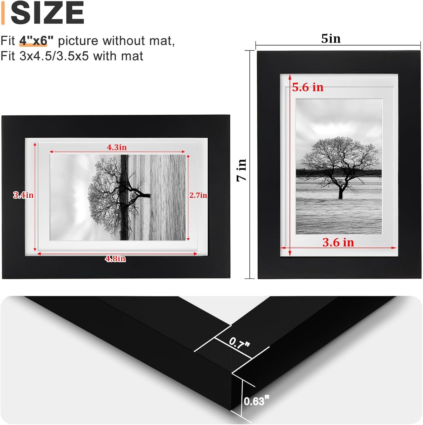 Egofine 8x10 Picture Frames Set of 4, Made of Solid Wood Covered by Plexiglass 4x6 and 5x7 with Mat or 8x10 without Mat, for Table Top Display and Wall Mounting Photo Frame Black