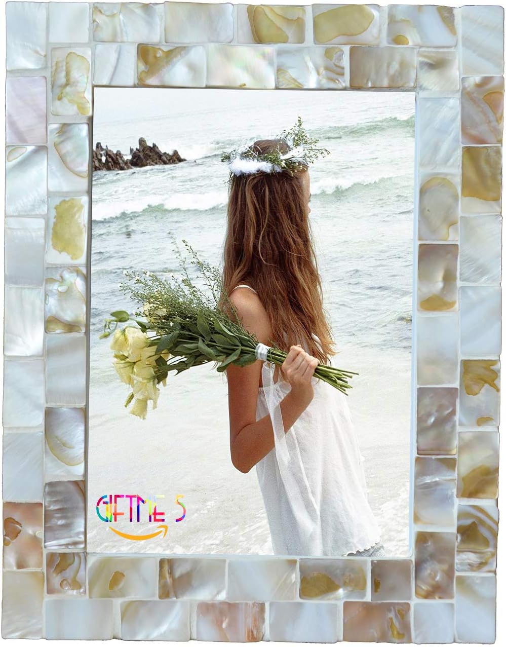 Silver Plate Picture Frame 5x7 Mother of Pearl 5 by 7 Photo Frame Mosaic Glass Tabletop Frame (Grey+ White,1pc)