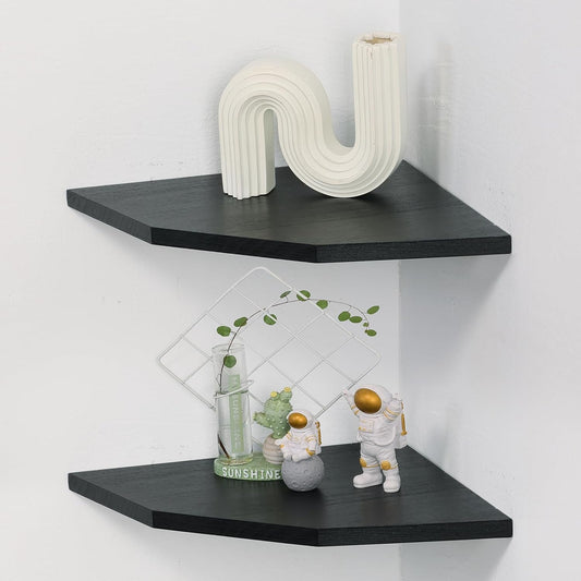 Joiishom Wood Corner Wall Shelves Set of 2, Solid Wood Corner Floating Shelves for Wall, Round End Wall Mounted Floating Corner Shelf for Bedroom, Living Room and Kitchen. (Brown-10 inch)