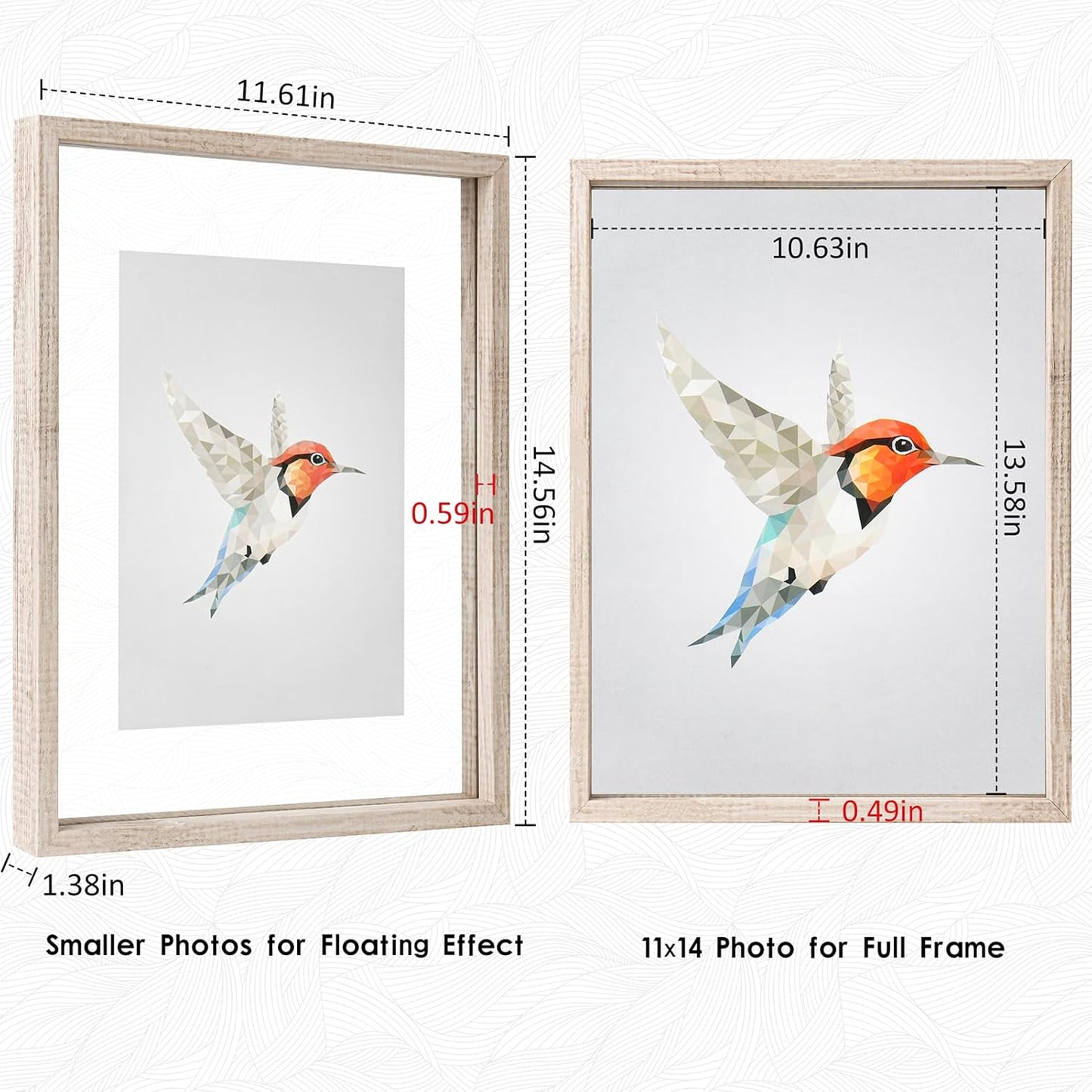 MUYE 11x14 Floating Frame Set of 2,Double Glass Rustic Frame,Display Any Size Photo up to 11x14,Wall Mount or Tabletop Standing,Natural