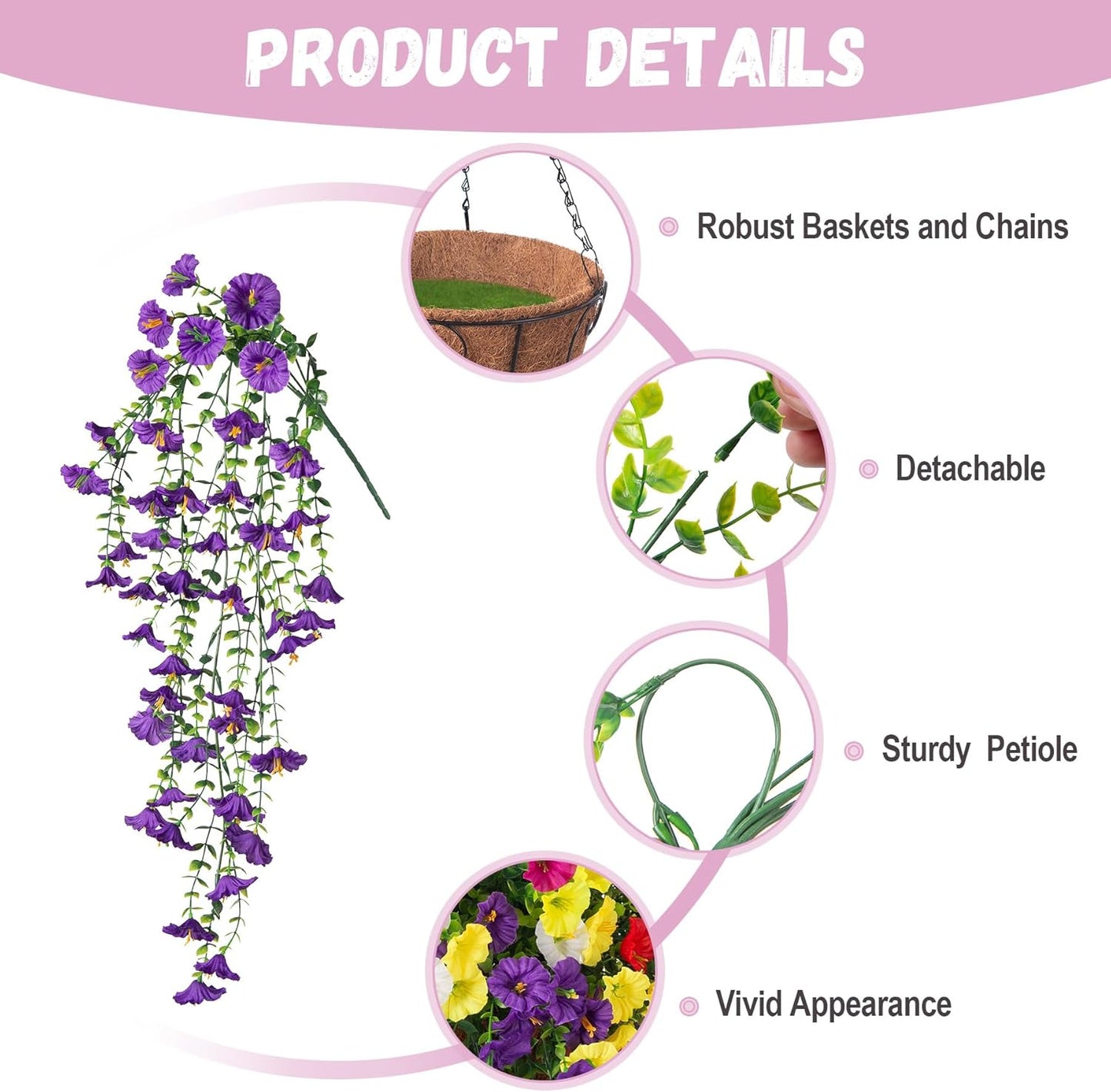 INXUGAO Artificial Flowers with Hanging Basket, Outdoor Faux Plants Silk Morning Glory Vines, Fake Green Arrangement for Garden Patio Spring Summer Decor(4pcs,Darkorchid)