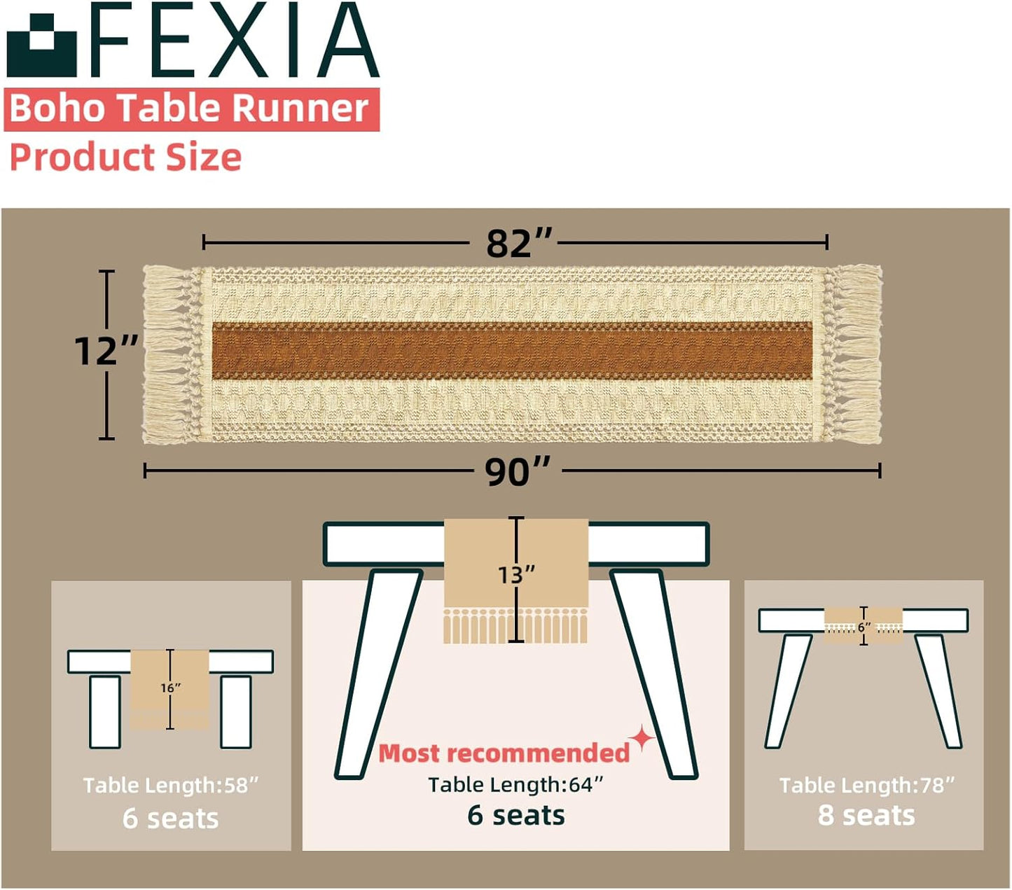 FEXIA Boho Table Runner for Thanksgiving Fall Christmas Home Decor with Tassels 72 Inches Long Pottery barn Furniture Farmhouse Rustic Macrame Burlap Table Decoration for Living Room (12x72 Inches)
