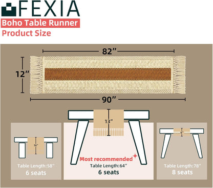FEXIA Boho Table Runner for Thanksgiving Fall Christmas Home Decor with Tassels 72 Inches Long Pottery barn Furniture Farmhouse Rustic Macrame Burlap Table Decoration for Living Room (12x72 Inches)