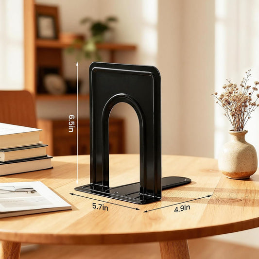 HappyHapi Book Ends, Metal Bookends for Shelves, Non-Skid Book End to Hold Books, Black Book Stopper/Holder for Office Home Kitchen, 5.7X 4.9 X 6.5 in, 3 Pair(6 Pcs, Large)