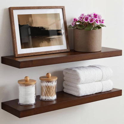 Homeforia 24 inch Natural Floating Shelf, High End Solid Real Wood 24inch Small Floating Shelves for Wall Mounted, Natural Wooden Floating Shelves, Heavy Duty Bracket, 24 X 6.5 X 1.75 in, Set of 2