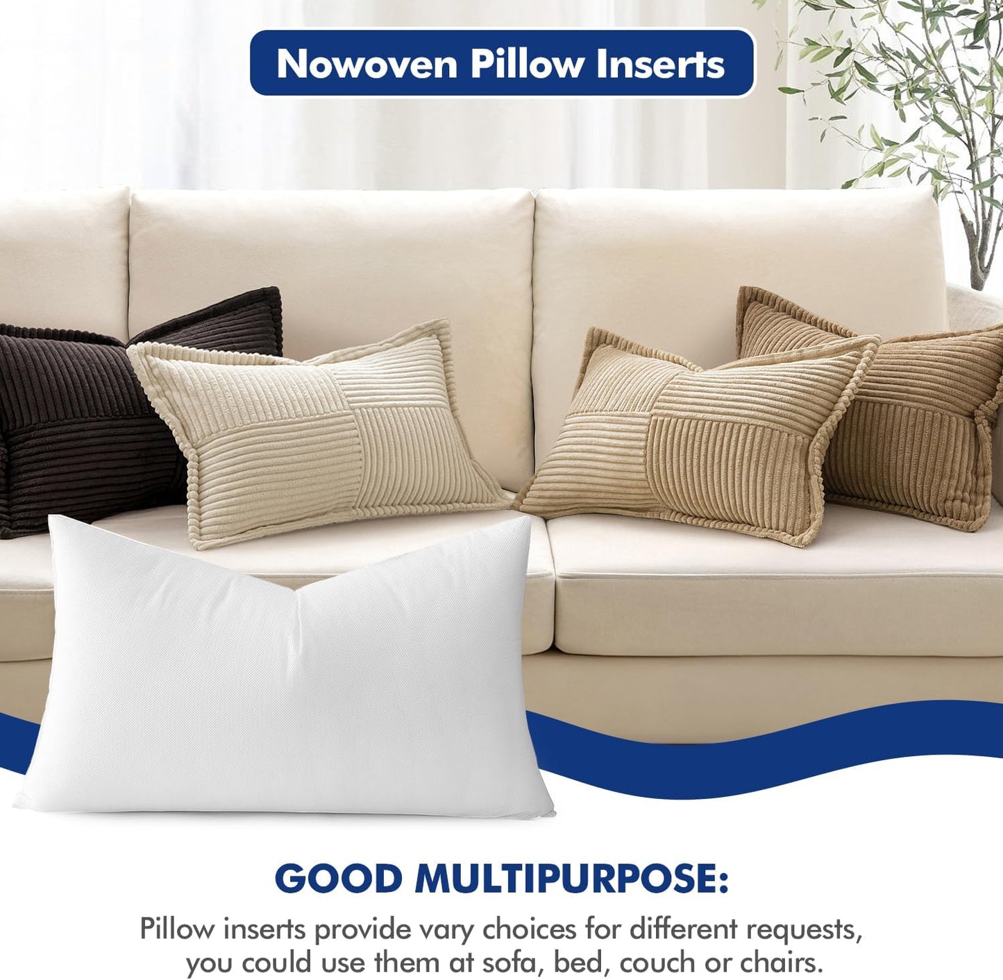 MIULEE 12x20 Pillow Inserts Set of 2, Rectangle Decorative Throw Pillow Premium Fluffy Lumbar Pillow Forms Stuffer for Living Room Sofa Couch Bed