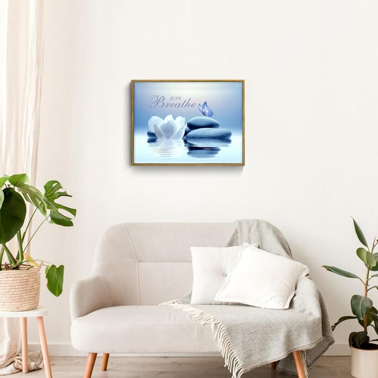 EOBTAIN Zen Flower Canvas Wall Art Bathroom Butterfly and Water Lily Stone Relaxing Spiritual Yoga Framed Wall Art Just Breathe Pictures Canvas Wall Decor for Living Room Bedroom,12x16 Inches