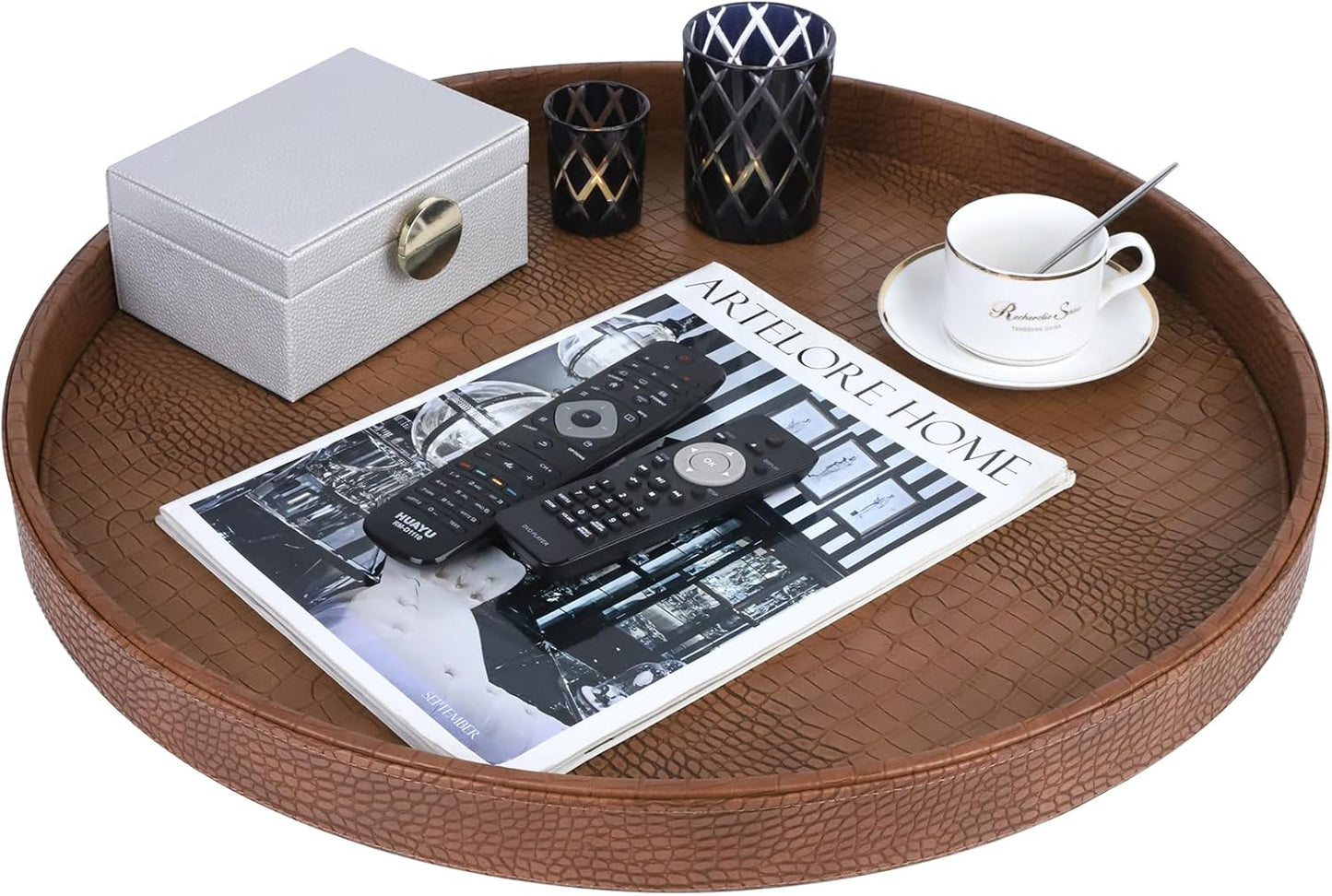 HofferRuffer Round Serving Tray 20'', Elegant Faux Leather Circle Ottoman Table Tray, Serve Tea Coffee Breakfast in Bedroom Living Room Kitchen (Brown)