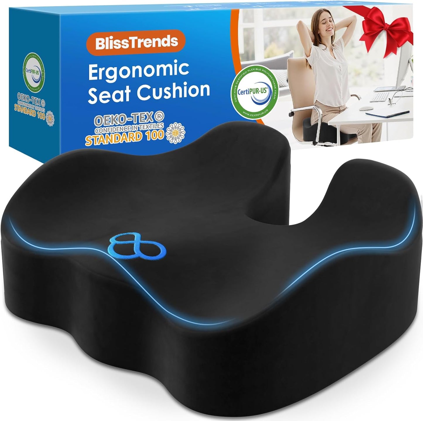 BlissTrends Seat Cushion with Velvet Cover, Thick Memory Foam Cushions for Office Chair, Car Seat, Airplane, Relieving Pressure Tailbone Sciatica Back Pain for Long Sitting, Car Drivers 4.7in Black