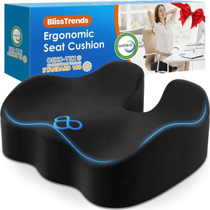 BlissTrends Seat Cushion with Velvet Cover, Thick Memory Foam Cushions for Office Chair, Car Seat, Airplane, Relieving Pressure Tailbone Sciatica Back Pain for Long Sitting, Car Drivers 4.7in Black