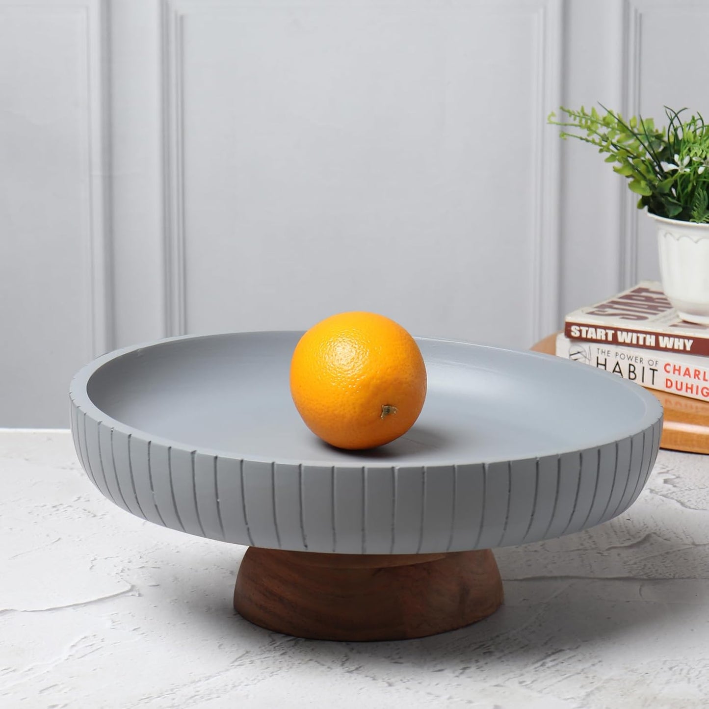 Mango Wood fruit bowl, Decorative black bowl with natural finish pedestal | 12" dia | Dual tone look | Use as Centerpiece for kitchen counter or dining table (Black)